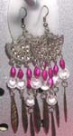 Fashion fish hook earring fan shape inlaid holding pink and white pearl bead with silver fringe