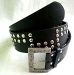 Fine fashion accessory distribution exchange manufacturer. Silver colored stud design on imitation leather, black belt with trendy designs on buckle