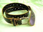Vintage wholesale clothing accessory outsourcing dealer supplies Unique gold beading at edge of faux leather black belt with clear threaded stitching and silver colored buckle
