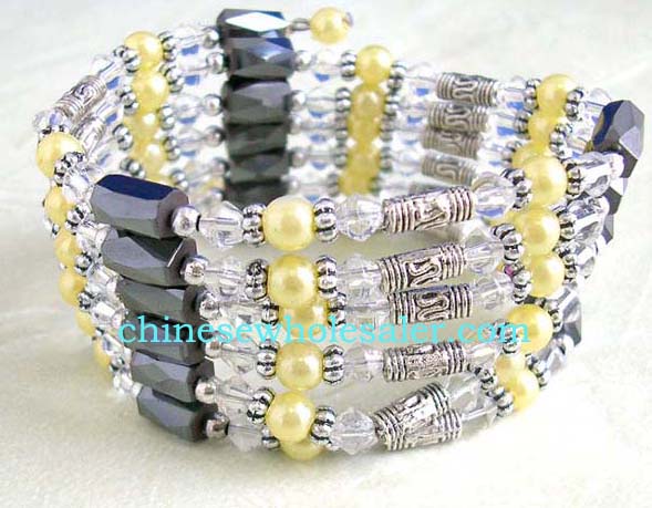 Online China supplied therapeutic jewelry store. Hematite wrap with long designed silver beads, flower beads, clear rhinestones, yellow pearl like beads, and faceted cylinder shaped magnetic hematite beads inlaid. Works well as a necklace, bracelet, choker or anklet        