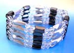 hematite stone jewelry supplied online from China wholesale dealer. Clear rhinestones, long silver cylinder beads and faceted cylinder shape magnetic hematite beads inlaid. Can be a necklace, bracelet,or arm band