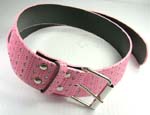 Womans clothing made in China imported by wholesale supplier. Pink imitation leather belt with diamond shaped stones imbedded, punched hole design throughout, and silver buckle.