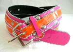 Teen girl accessories supplied online by China wholesale manufacturer. Fashion pink and orange imitation leather belt with silver colored beads outlining orange and pink colors