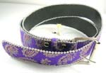 Buy online from China direct fashion manufacturers supplying belts and clothing accessories. Purple fashion belt with blue and gold paisley design and outlined strap in silver colored beads. 