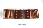 China wholesale ladies fashion accessory importing distributors supplies gorgeous silky belts. Wide, imitation brown silk belt with faux leather front and attaches by three metal, circular clasps.