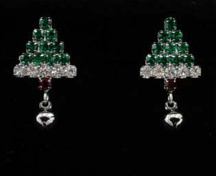 Christamas gift ideas from online outsourcing jewelry distributors. Triangular shaped earrings created from four rows of emerald green cz stones and clear cz crystals as final row. Suspended below is a ruby cz stone with rhodium plated ball. 