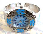 Crafted jewelry B2B trade store wholesale China made Girls fashion silver plated bangle bracelet watch with blue enamel flower designs
