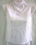 Online clothing exchange catalog factory. Ladies white butterfly motif sleeveless top with high neck line