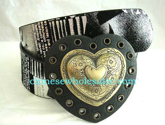China importing agent supplying fashion belts for men and women. Black imitation leather belt with white pattern and phrases decor along and multi button holes around heart love buckle set in center     
        