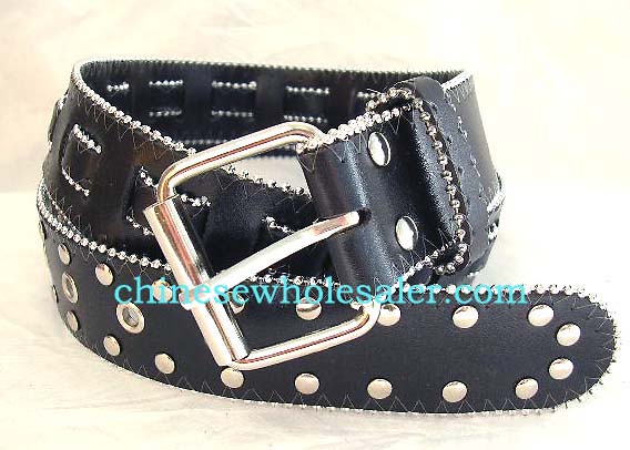 China wholesale fashion belt at discount price. Black imitation leather belt with multiple silver studs throughout and silver beads outlining strap     
        