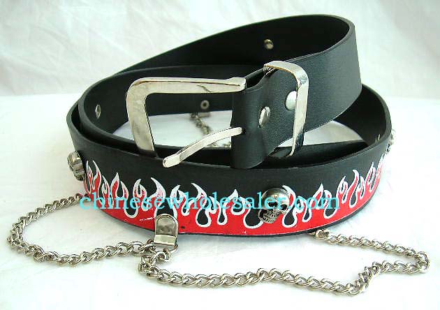 Punk clothing accessories supplied at wholesale price from China manufacturing dealer. Rock Black leather belt with red flames and silver skulls, along with silver chains to attach wallet.      
        