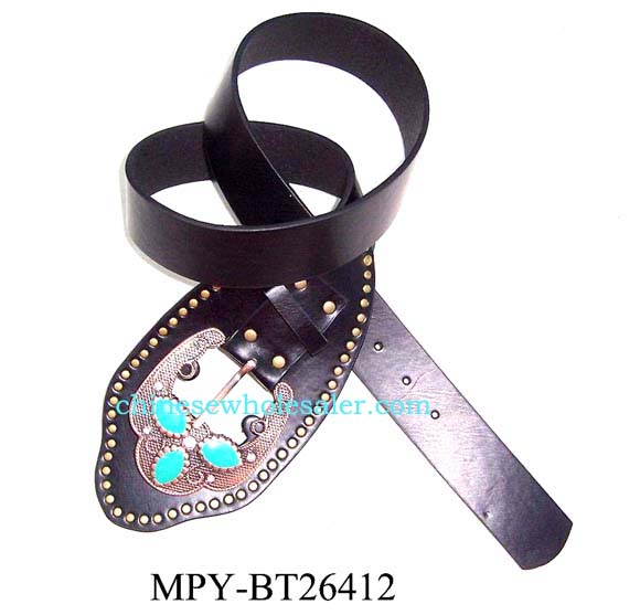 Style and fashion accessory supplied by China distribution importers. Brown imitation leather belt with large leather buckle decorated by three turquoise colored stones.            
        