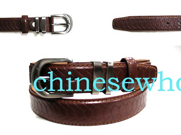 Buy China direct fashions online. Mens brown imitation leather belt with lined etchings and two metal strap holders            
        