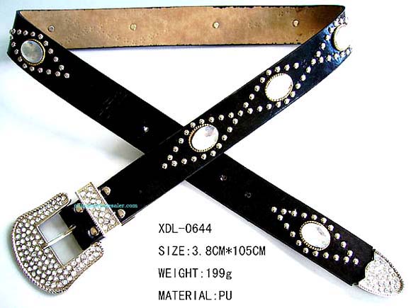 Buying agent supplying China manufactured belts exporting wholesale. Faux leather diamond studded and oval designed cowboy belt with gemstones embedded in buckle.