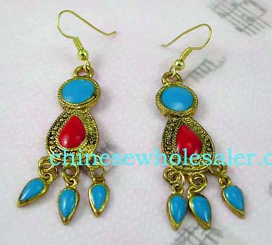 Online China wholesale importing agents supply Simulated gold plated fish hook earrings with red pearl shaped stone in center and turquoise circular stone above, below dangle three pointed oval shaped stones.  
