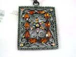 Cz gemstone jewelry online fashion wholesale dealer supplies Picture frame shape pendant with colored cz flower design at center surrounded by orange cz stones atop vine decor and has four multicolored cz gems in each corner.