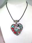 Gemstone jewelry manufacturing agent supplying wholesale necklaces. Fashion black cord necklace with heart shaped pendant embeded with multi turqoise and red beads in floral patternand more beads hanging on bottom