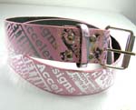 China manufactured lady belt supplied by online wholesale store. Pink imitation leather belt with fun fashionable lettering diamond throughout, and silver buckle.