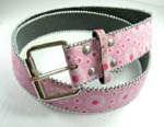China clothing wholesale export agency. Pink cloth belt with floral design and silver bead outline, Large square silver buckle for fashionable look.