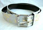 Belts made in China exported for wholsale purchase online. White imitation leather fashion belt with gold letter design