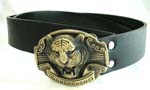 Men and women fashion imported wholesale by China distribution company. Black imitation leather belt with lion head metal buckle at center 