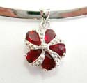 Fashion plain silver cuff necklace with pendant and a red cz and macasites inlaid motif flower pattern