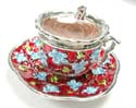 A cup set enamel jewelry box with blue floral in red color and magnetic lock design