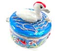 Enamel jewelry box motif a white duck on the lid with red flower and grass inlaid around, enamel in blue color
