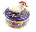 Enamel jewelry box motif a white duck on the lid with red flower and grass inlaid around, enamel in purple color