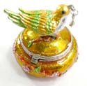 Enamel gold jewelry box motif bird figure standed on tree stick holing a cz cherry in a mouth with enamel in gold and green color