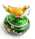 Enamel gold jewelry box motif bird figure standed on tree stick holing a cz cherry in a mouth with enamel in gold and red color