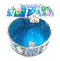 Enamel jewelry box motif pink and white flower in triple section with enamel in blue color