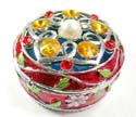 Round enamel jewelry box motif filigree flower holding 5 orange shiny beads and a pearl bead inlaid on lid with pinky flower decor around, enamel in red color