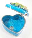 Enamel heart shape jewelry box motif floral garden on lid, enamel in blue color