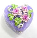 Enamel heart shape jewelry box motif floral garden on lid, enamel in purple color