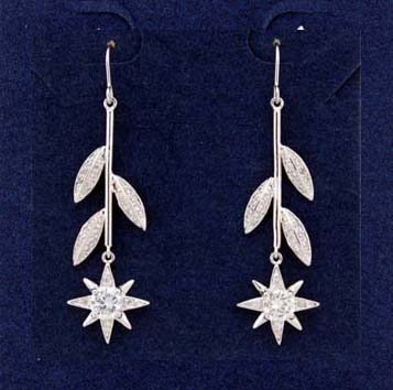 Crystal earring distributor supply store sells jewelry online. Threader earrings has point petal flower with simulated diamond at center and rhodium plated leaves hanging from pole             