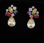 Boutique jewelry shop supplies cz earrings wholesale. Yellow rain drop cz stone hanging below multicolored cz stones which form the stud