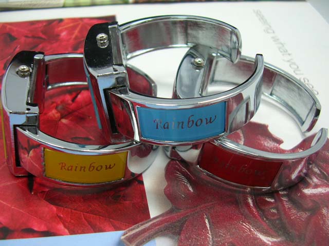 Accessory shopping market factory - Colored enamel on silver bangle watch with rainbow and fun clock face 