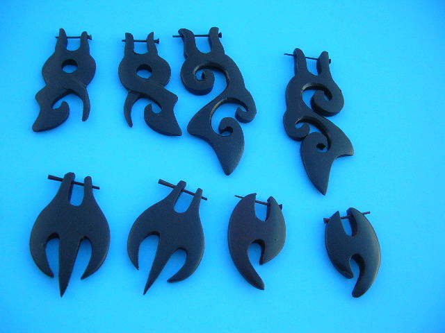 Indonesian tribal art designed dangling style wooden earrings. Body jewelry supply shop