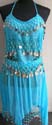 Belly dance fashion aqua skirt and top set with fancy money hanging on top and skirt bottom