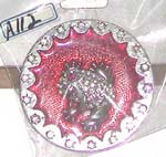 Round dinosaur belt buckle with red background and mini clear cz embedded around