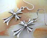 Christian sterling silver French hook style earring with cross pattern and flower edge design