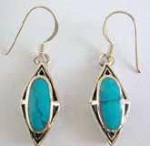 Genius 925.stamped sterling silver earring motif diamond shape with oval blue turquoise inlaid and fish hook fit back