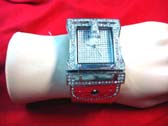 Flashing buckle designed fashion watch with squared gemstone inlaid frame and unique strap