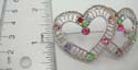 Fashion heart pin in two connected cut-out heart pattern design with assorted color cz stone embedded