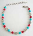 Fashion beaded bracelet in combination of silver and imitation coral / turquoise beads with lobster claw clasp closure