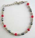 Fashion beaded bracelet in combination of silver beads and imitation coral beads with lobster claw clasp closure
