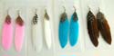 Fashion one color feather earring with rough hard feather feature dangling, fish hook back. Assorted color randomly pick by warehouse staffs