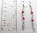 Fashion earring with silver beads and 2 red faux stone holding long leaf shape dangle hanging on bottom, fish hook backing
