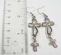 Fashion fish hook earring with 1cut-out cross on top and 1 mini one hanging on bottom, holding clear cz in middle of each cross, few mini clear cz stone embedded on sides
